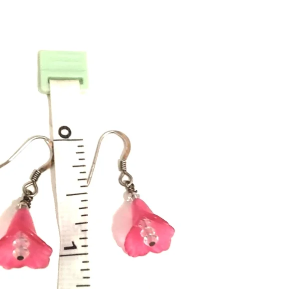 VINTAGE STERLING SILVER PINK FLORAL CRYSTAL DROP DANGLE 1" HOOK EARRINGS - Picture 6 of 8